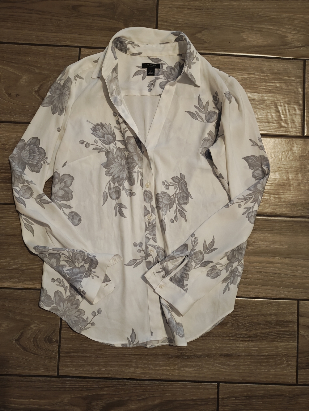Ann Taylor White Blouse with Gray Floral Print